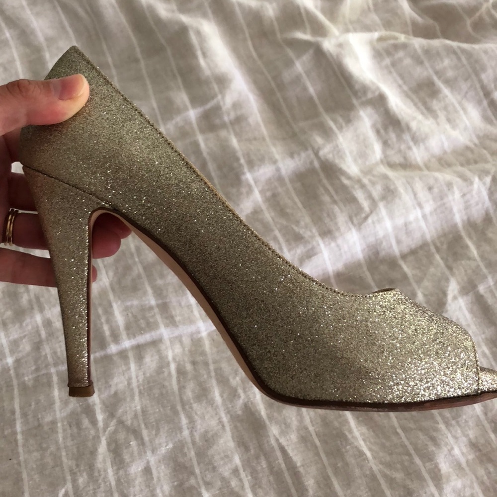 Something Bleu Covered Platform Gold Glitter Heels - image 2